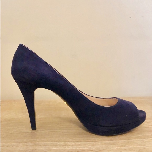 Navy suede Prada peep toe heels - Picture 1 of 6